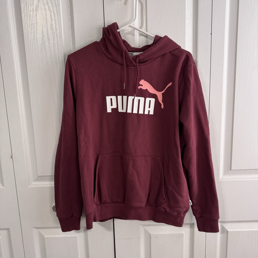 Puma Burgundy Spell Out Logo Graphic Hoodie Women's Size XL Active Sporty Travel